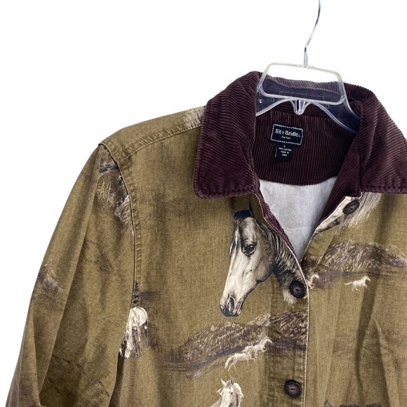 Bit & Bridle Womens L Chore Barn Jacket Brown Horse AOP Corduroy Trim Equestrian - Picture 6 of 16